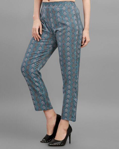 Blue prince of wales tweed low waisted pleated cuffed Cigarette Pants |  Sumissura