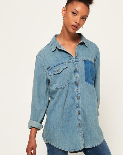 Buy Ladyful Women's Boyfriend Denim Shirt Casual Baggy Button Down Jean  Blouse Top, Light Blue, XX-Large at Amazon.in