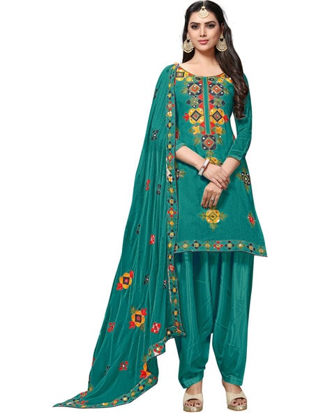 Embroidered Unstitched Dress Material with Mirror Applique Price in India
