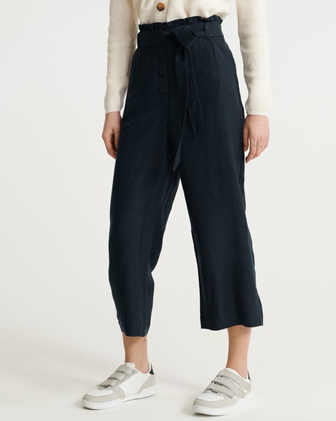 Olga Navy Linen Wide Leg Pants - Blue Bungalow