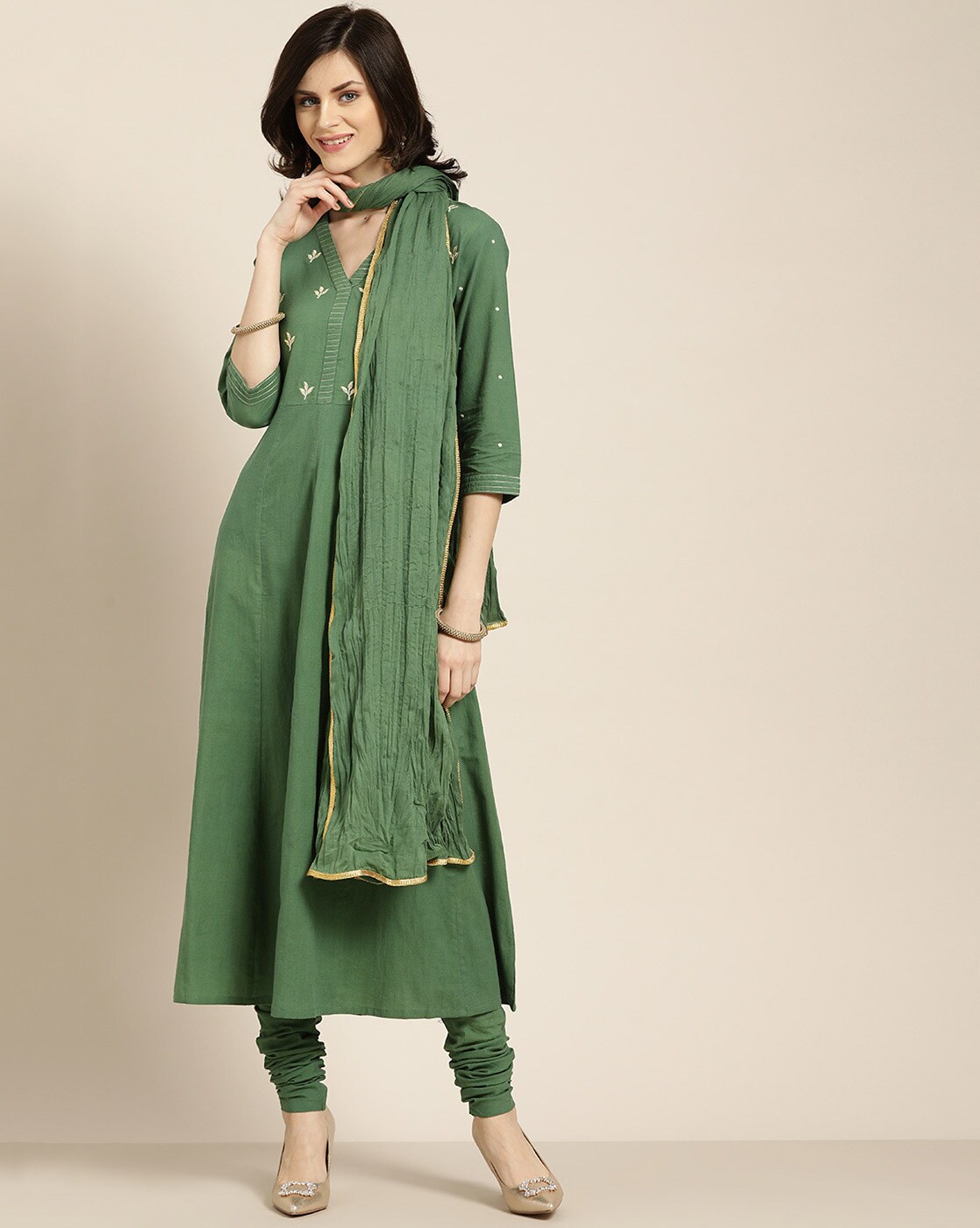 Olive Green Taffeta Art Silk Printed Readymade Kurti