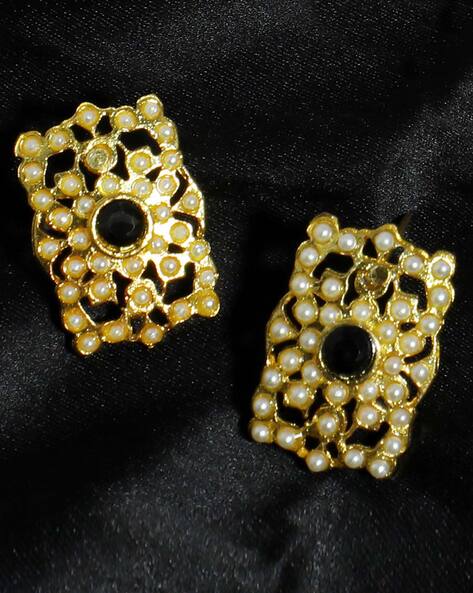 Black 3 Layered Kundan Earrings - Runjhun Jewellery - 3074102
