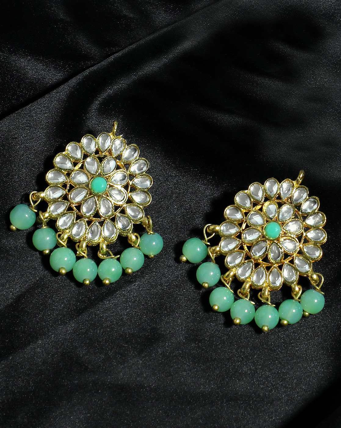 Blue Stone Studded Ahmdbadi Kundan Statement Earrings with Maroon Bead –  ShopBollyWear.Com