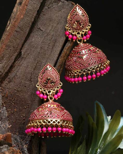 Buy Bindhani Women's Fuchsia Pink Drop Small Oxidised Jhumka Earrings