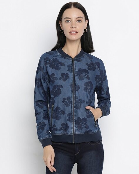 navy blue floral bomber jacket