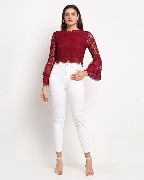 GUESS Womens Maroon Lace Patterned Cap Sleeve V Neck Crop Top M