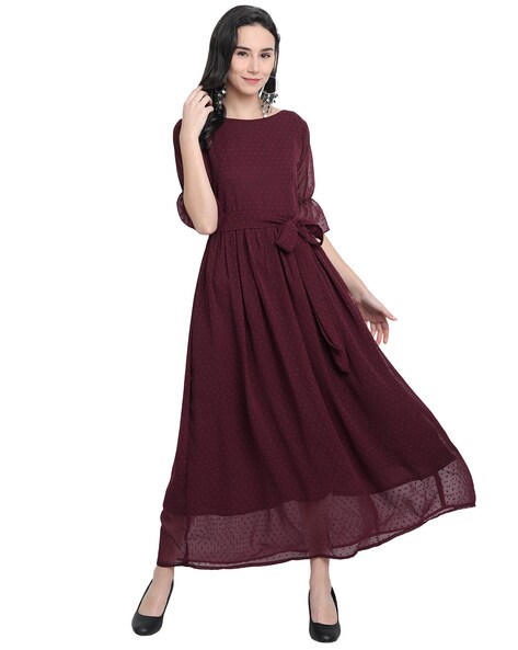 Textured Fit & Flare Dress with Tie-Up