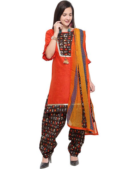 Abstract Print Unstitched Dress Material with Tassels Price in India