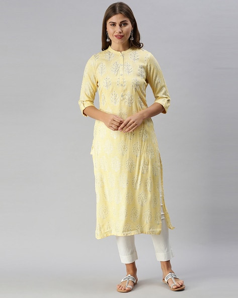 Mandarin Collar Yellow Rayon Embroidered Tunic