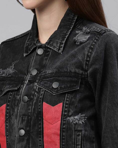 womens black denim jacket distressed