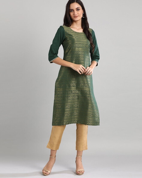 Buy AURELIA Women Green & Golden Printed Straight Kurta - Kurtas for Women  8428935 | Myntra