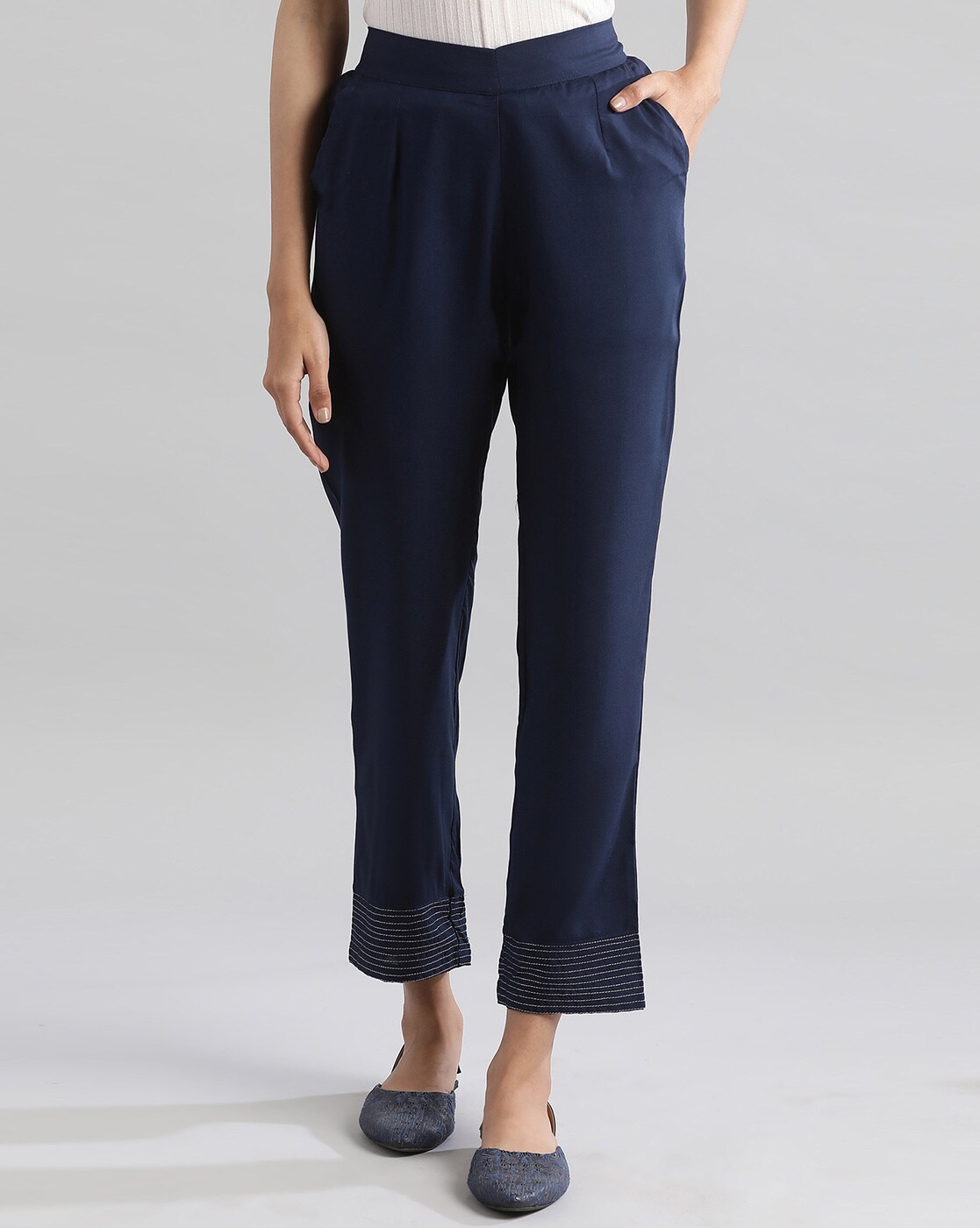 Buy INDYA Blue Womens Navy Lace Hem Cotton Cigarette Pants | Shoppers Stop