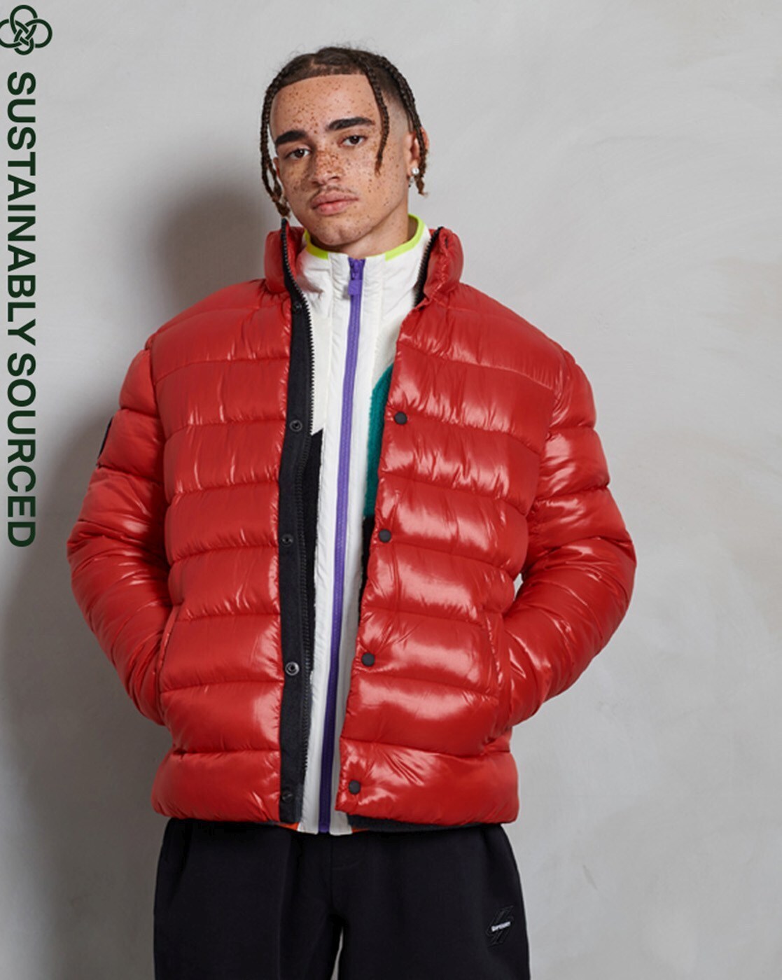 high shine red puffer jacket