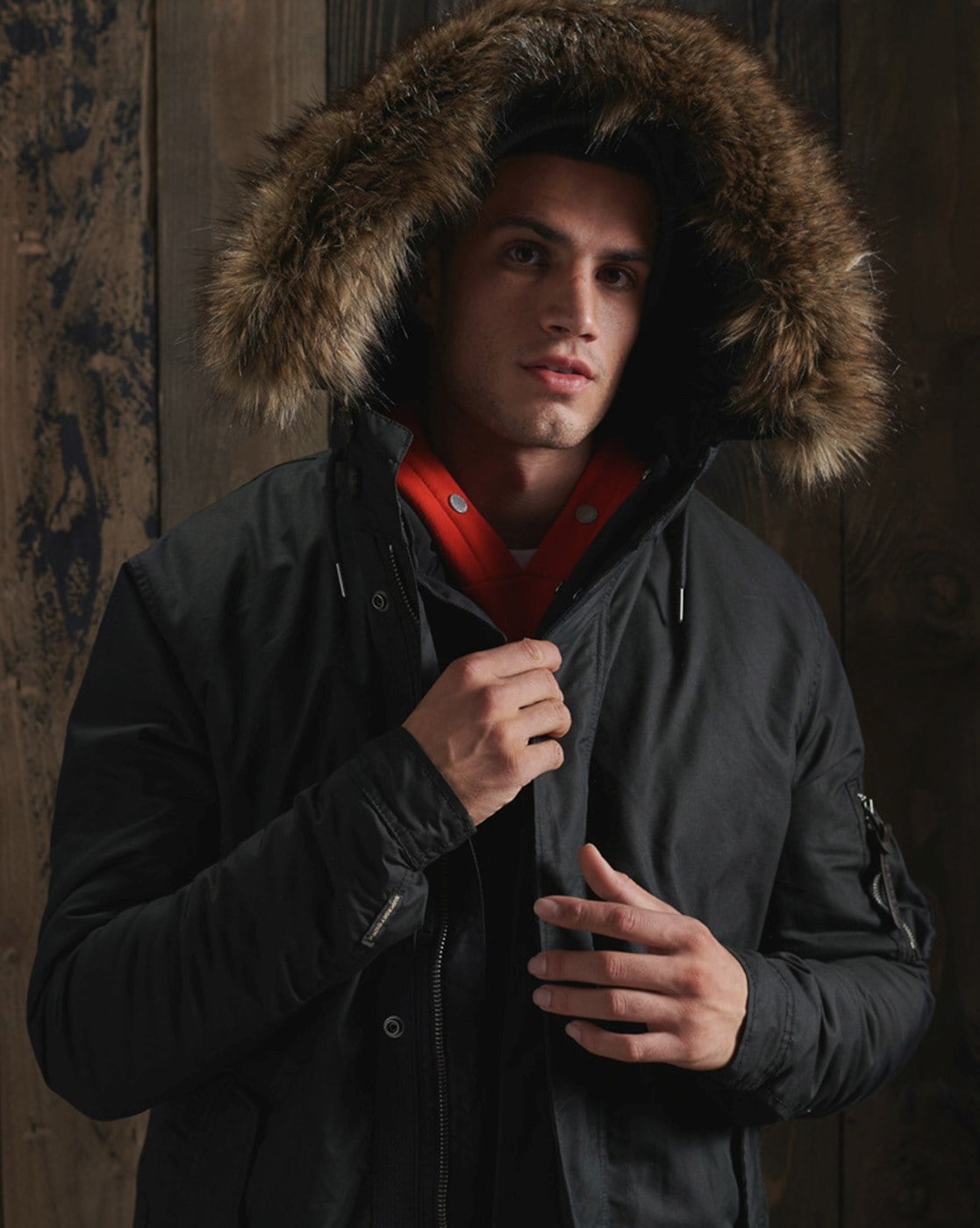 Mens black parka hotsell coats with fur hood