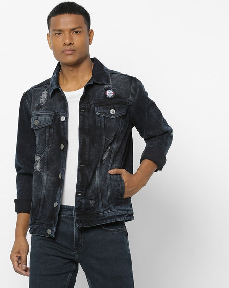 LONGBIDA Men's Jean Jacket Ripped Distressed Denim Trucker Coat with Holes,  Black, S at Amazon Men's Clothing store