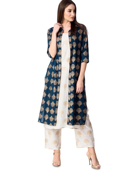 Foil Print Straight Kurta with Jacket & Pants