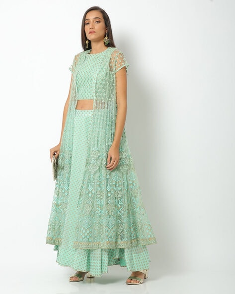 Buy Green Silk Woven And Embroidery V Jacket & Lehenga Set For Women by  Aditi Gupta Online at Aza Fashions.