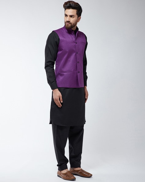 Wine Mens Kurta Pajama With Embellished Nehru Jacket Men 895MW32