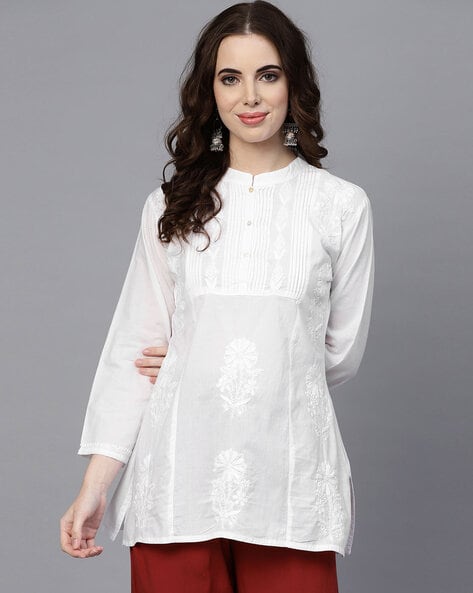 Women's Cotton Regular Kurta Comfortable fit White Kurti Designs for Female  – White with Red and Blue Designs