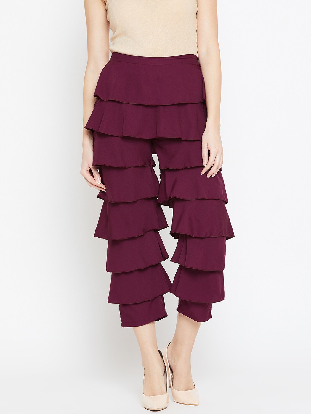 Women` Ruffle Pants Split High Waist Maxi Long Crepe Palazzo Overlay Pant  Skirt(purple)