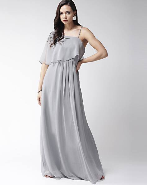 grey floor length dress