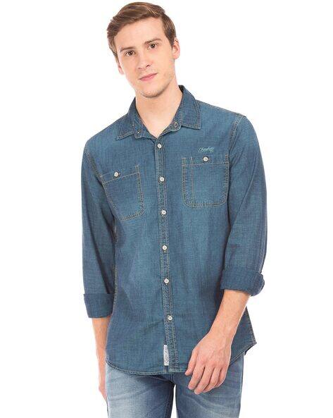 Mens Denim Cherokee Denim Shirts Washed Slim Fit Denim Shirt With