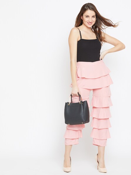 Black Floral Peplum Top and Pink Trouser Set Sku BLMD21SP09  BITTERLIME