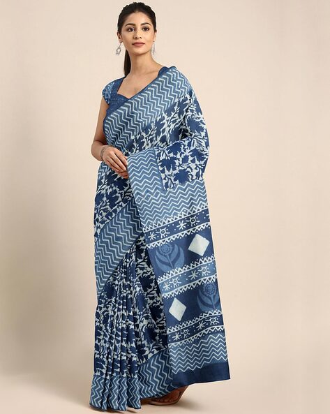 Indigo Dabu Handblock Printed Natural Dyed Mulmul Cotton Saree – gendaphool