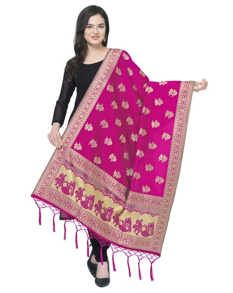 Textured Dupatta with Zari Border and Tassels Price in India