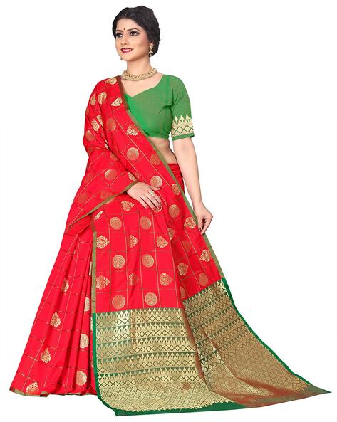 Corn Green and Red Zari Woven Kanjivaram Saree – MySilkLove