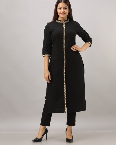 Women's Cotton Flex Embroidered Straight Black Kurta Pant set - FABRIC  FITOOR - 3191369