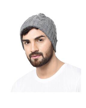 Bharatasya Self Design Beanie Cap with Pom Pom