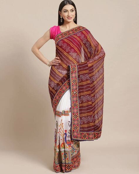 white bandhani saree