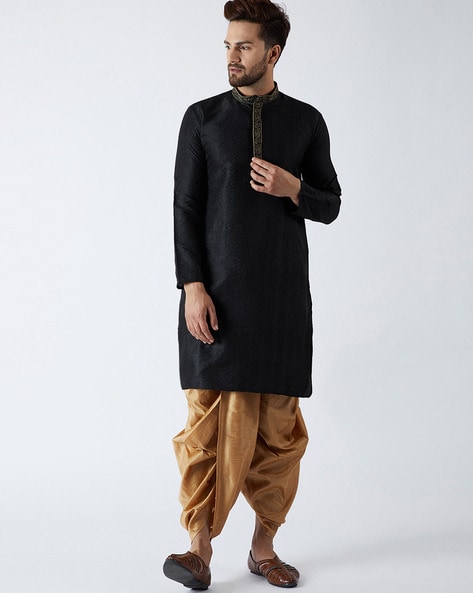 Buy Men Blue & Black Solid Kurta with Dhoti Pants online | Looksgud.in