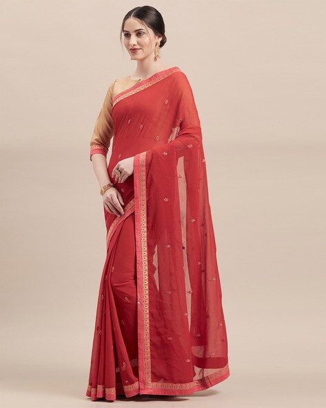 Light red plain chiffon saree with blouse - V SALES - 3418654