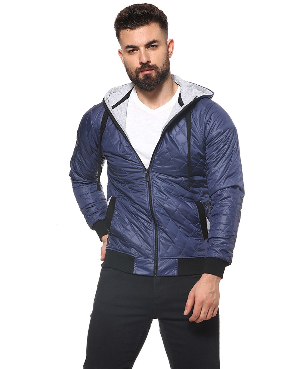 campus sutra men black self design quilted jacket