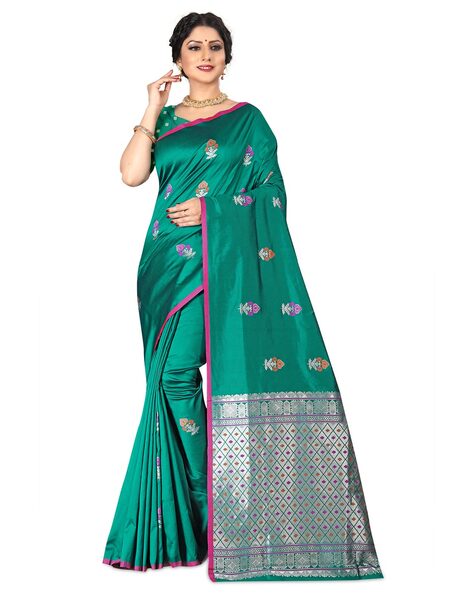 Beautiful Dark Green Saree With Silk With Weaving Silver Zari – Shivansh Fab