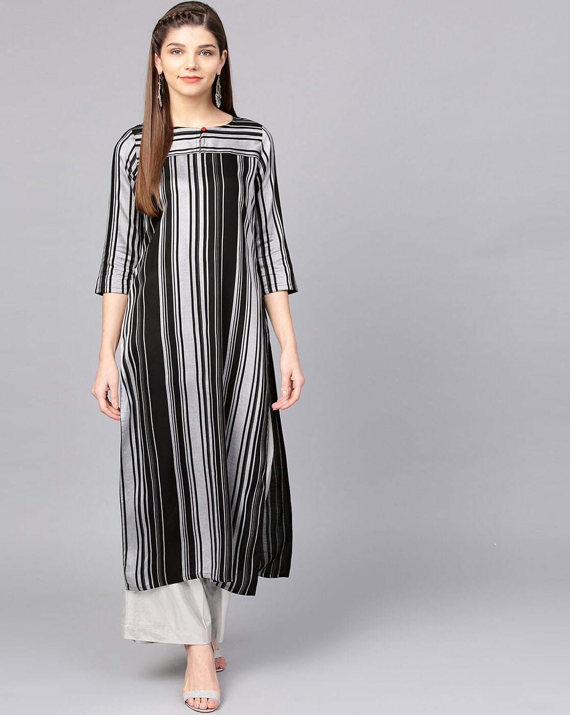 Buy Plus Size Black White Vertical Stripe Printed Kurti Online For Women   Amydus