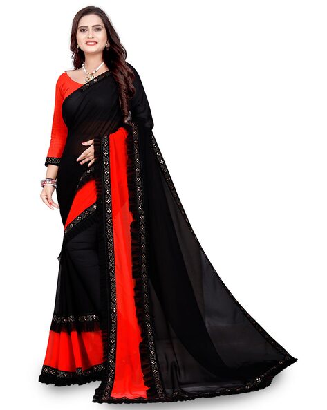 Black and Red Embroidered Dola Silk Saree | Black and red, Silk sarees,  Saree