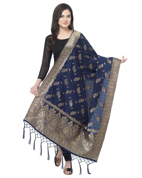 Floral Pattern Dupatta with Zari Border and Tassels Price in India