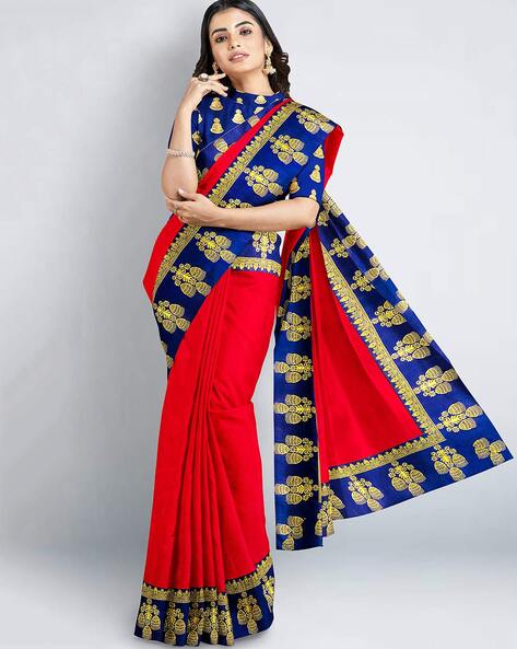 Banarasee Handwoven Semi-Katan Tanchoi Weaving Floral Border Saree-Blu