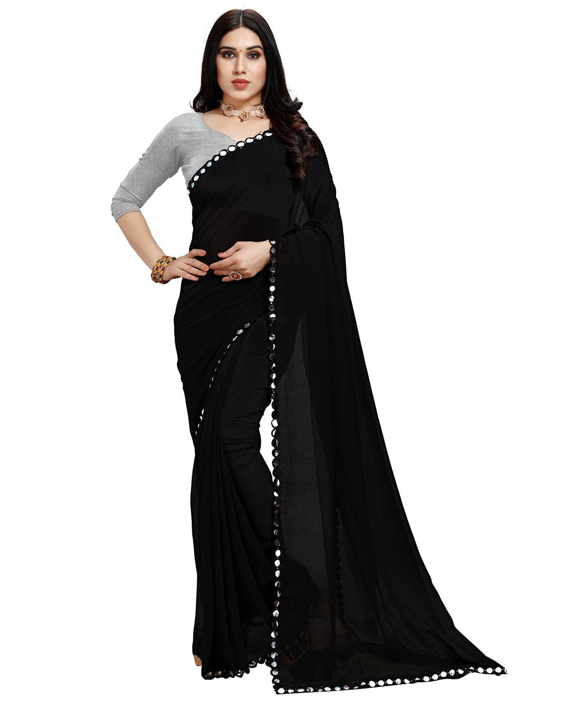 Royal Black with Blue Sequin Pure Chiffon Saree