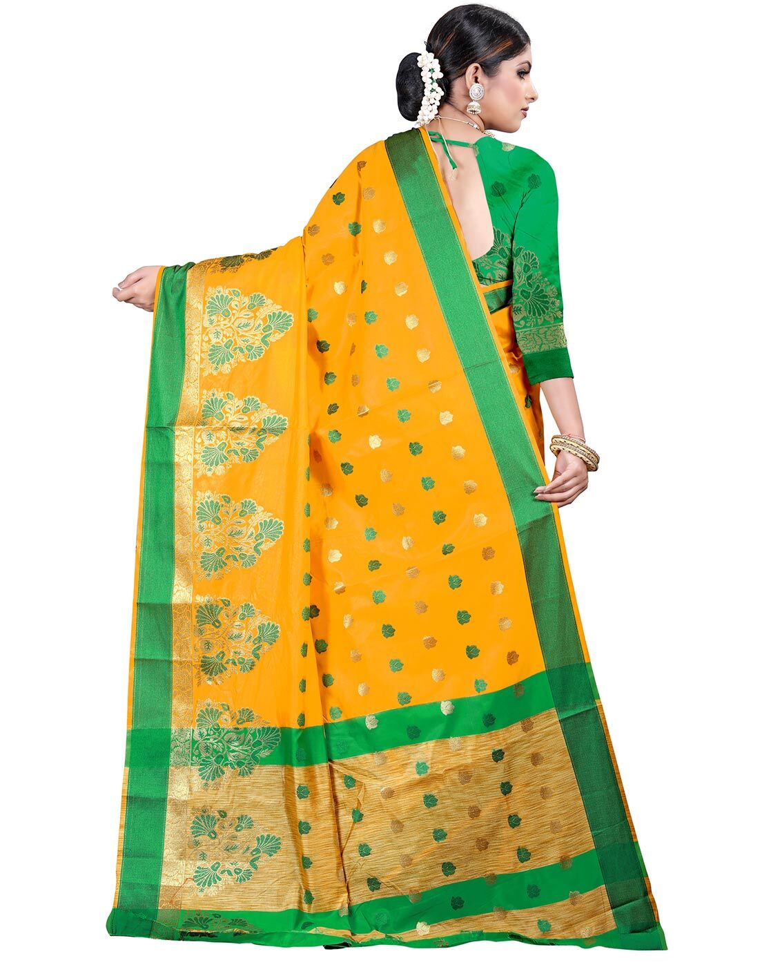 Stunning Yellow Colour Saree With Green Combination Border & Heavy Bro –  garment villa