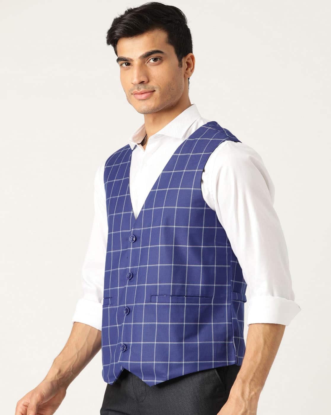 blue checked waistcoat
