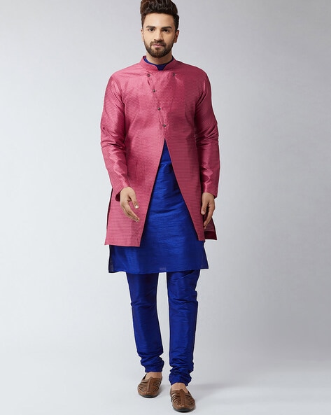 Men's Pink Suit, Light Blue Floral Long Sleeve Shirt, Dark Purple Leather  Derby Shoes | Lookastic