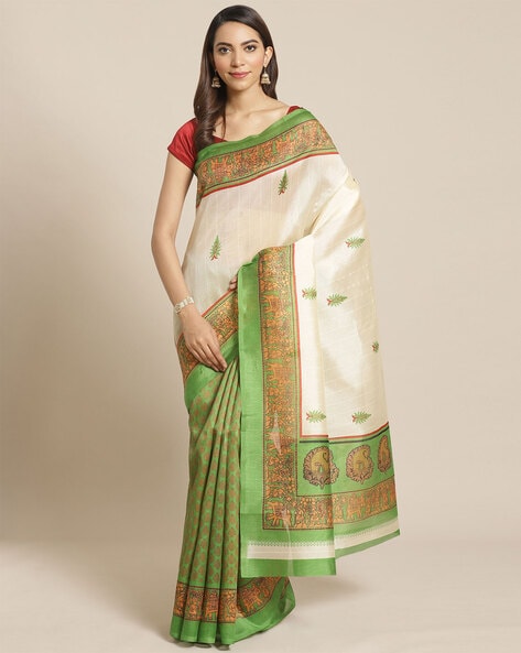 Handloom Off-White Dupion Silk Saree with Blouse Piece - HOUSE OF BEGUM -  3842838