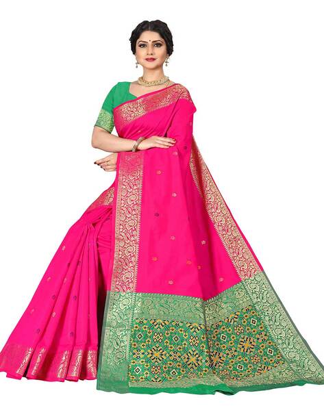 Pink Kanchipuram Silk Saree with Parrot Green Wide Border