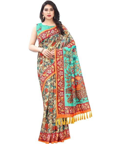 Ajrakh Kalamkari Cotton Digital Printed Tassel Saree