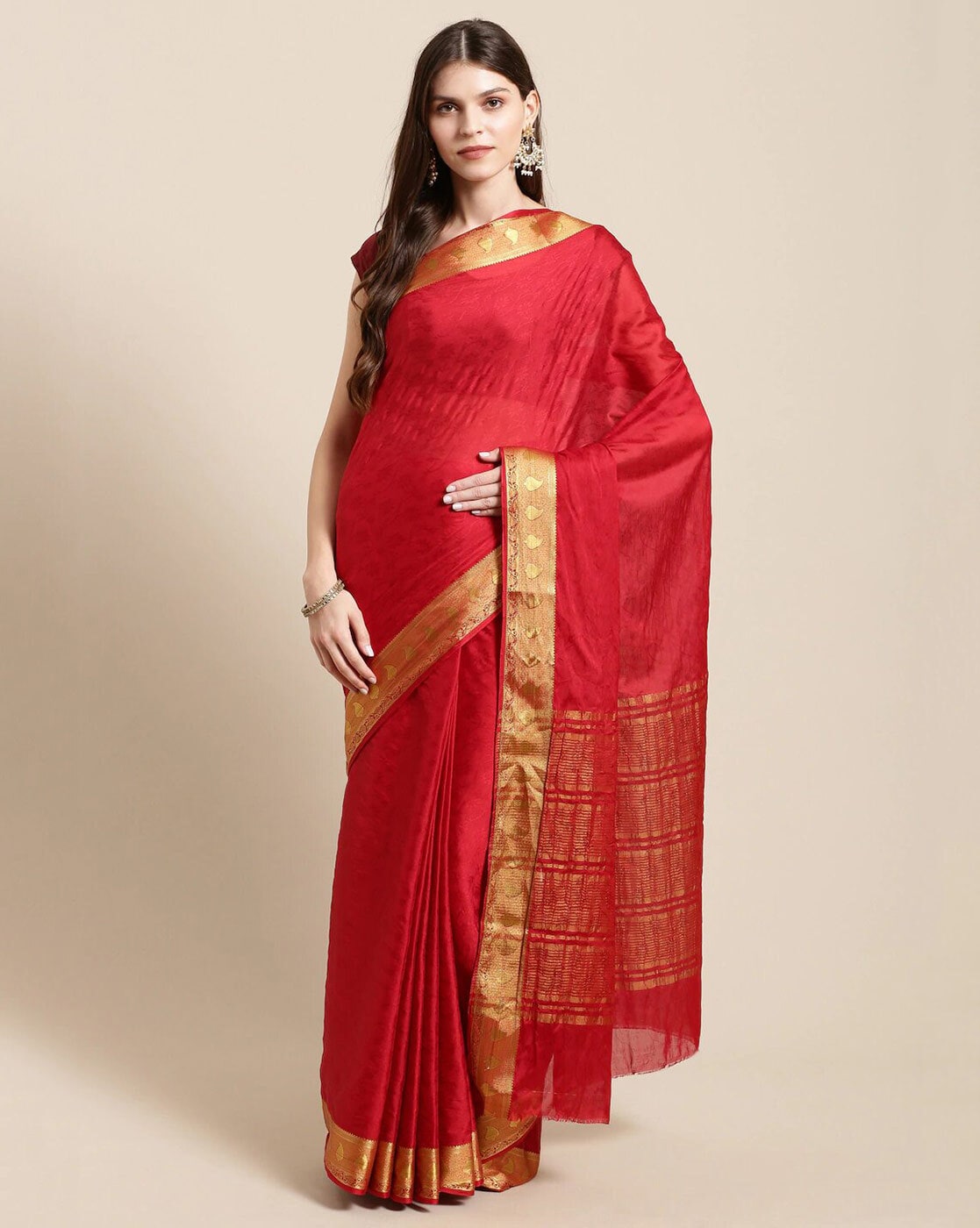 Red Plain Silk saree with blouse - Rajshri Fashions - 600235