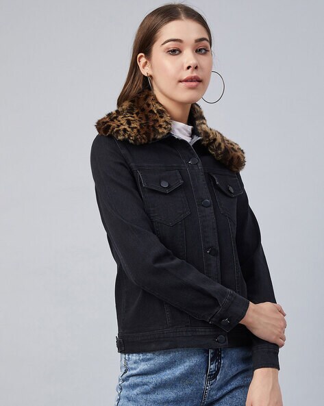 Black denim jacket clearance with faux fur